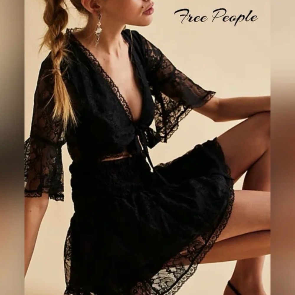 Free People Black Lala Lace Mini Dress NWT